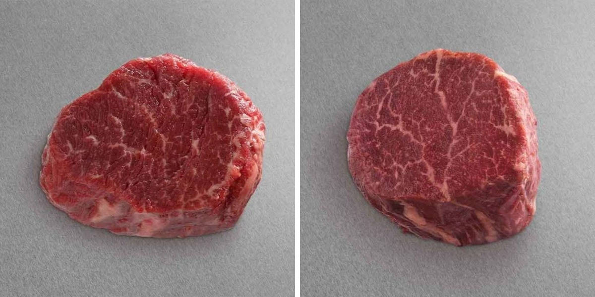 Two photos of Snake River Farms filet mignon side by side, one each from their American Black and Gold label ran.