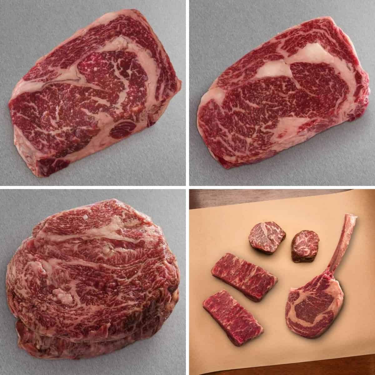 A four photo montage of ribeye cuts from snake river farms, all shot from above
