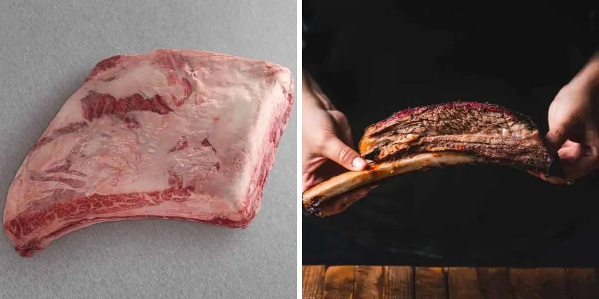 Two photos of Snake River Farms short ribs, one full rack raw, and a man holding a single cooked short rib on the b.