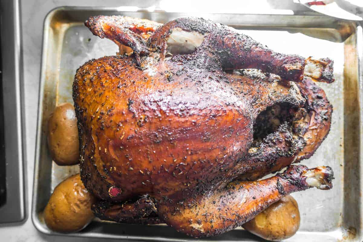 A dry rubbed and smoked whole turkey in an oven tray