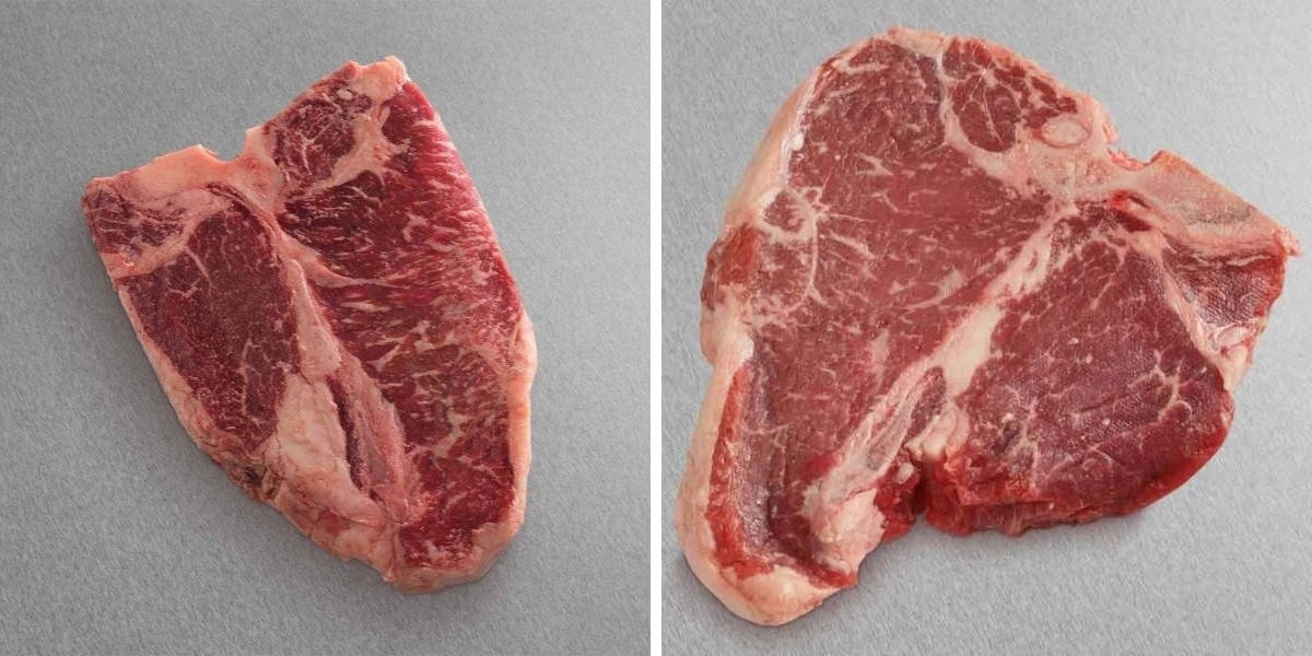 Two photos of different grade porterhouse steaks from Snake River Farms, on a grey backgro.