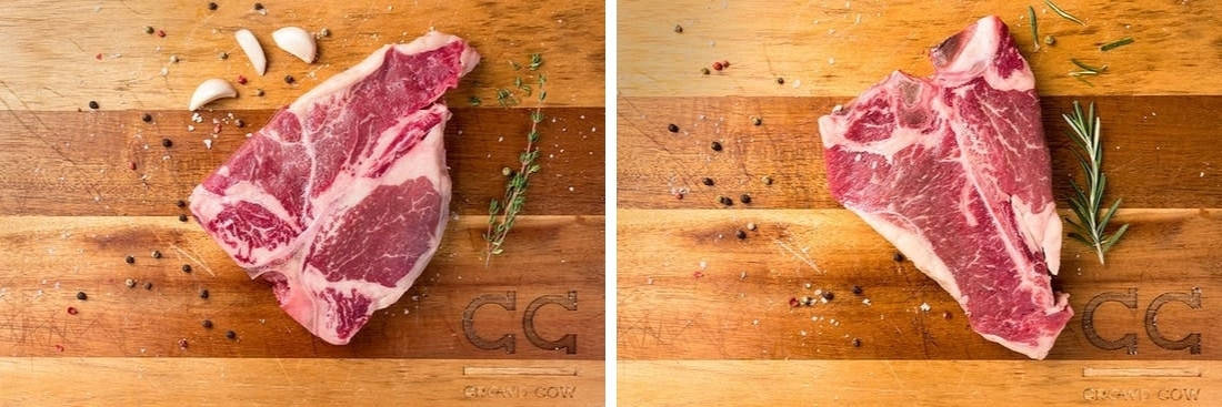 Two crowd cow porterhouse steaks shot from above, sitting on a wooden cutting board, with rosemary and th.