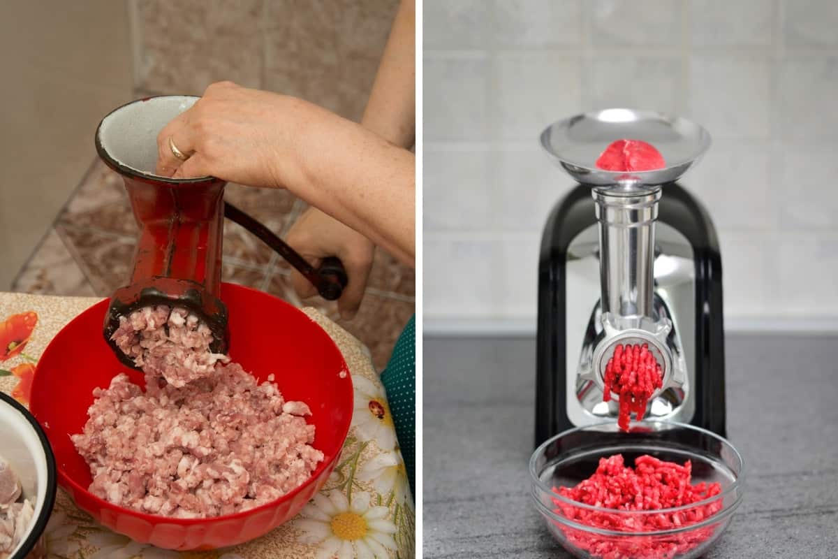 A manual and an electric meat grinder in two photos side by side