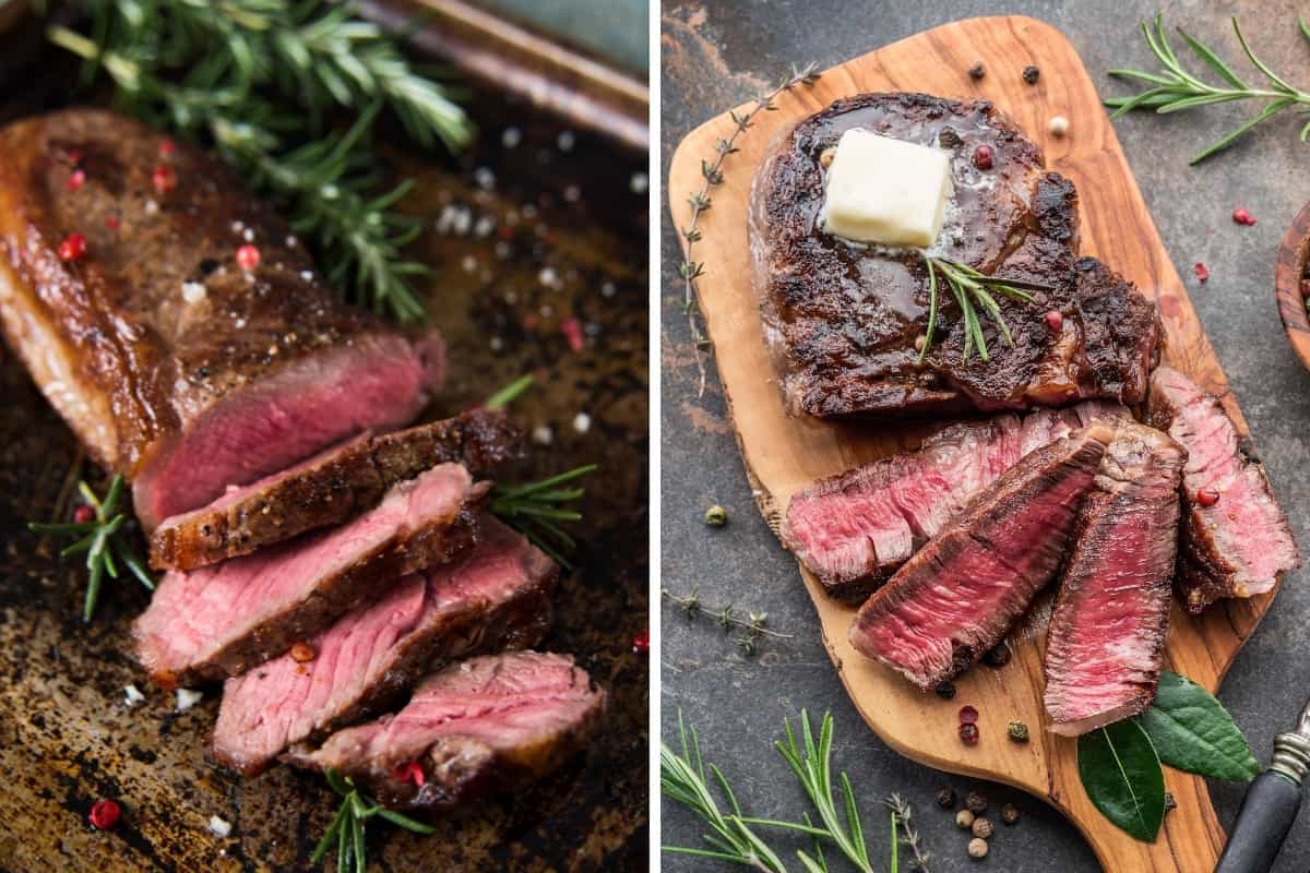 A photo each of cooked sirloin and ribeye steak beside one anot.