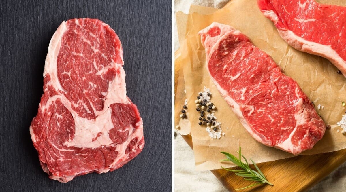 photos of a sirloin steak and a ribeye steak side by side.