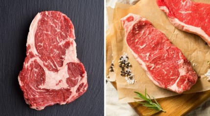 photos of a sirloin steak and a ribeye steak side by side.
