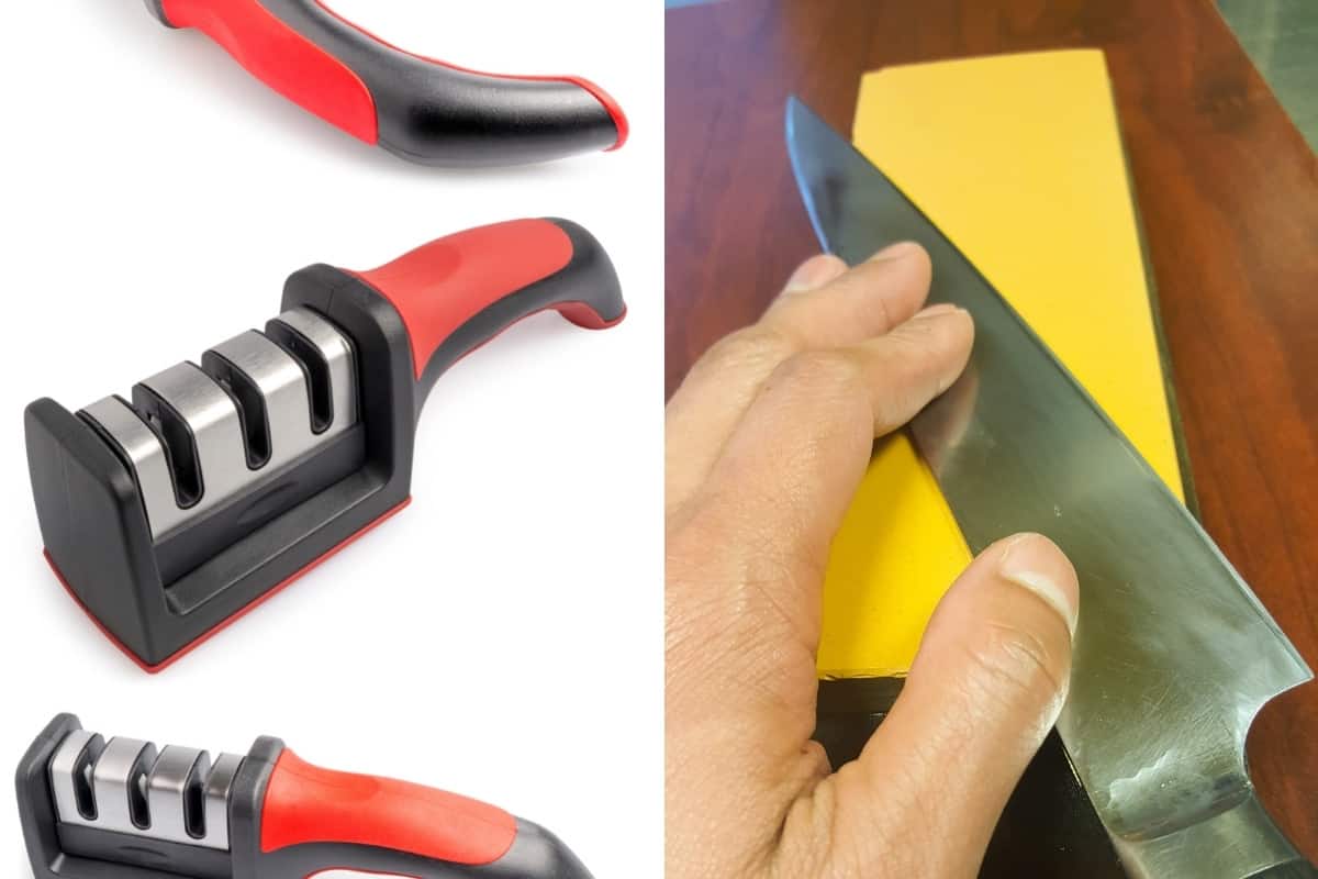Two photos side by side, one each of a pull through sharpener isolated on white, and a whetstone being used on a kn.