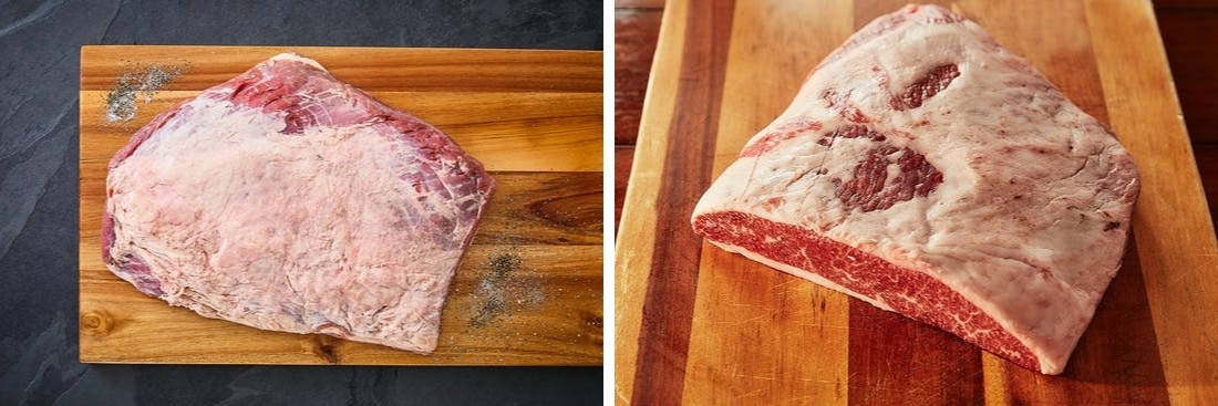 Photos of two Crowd Cow brisket flats, side by side, one grass fed, one wagyu