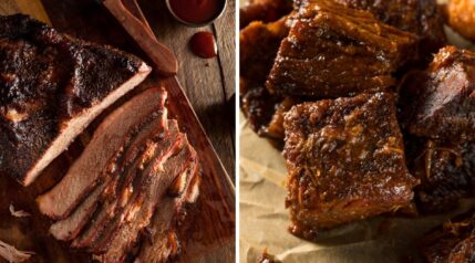 A smoked brisket flat next to some burnt ends in two photos side by side.
