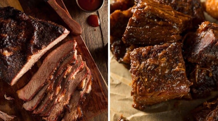 A smoked brisket flat next to some burnt ends in two photos side by side.