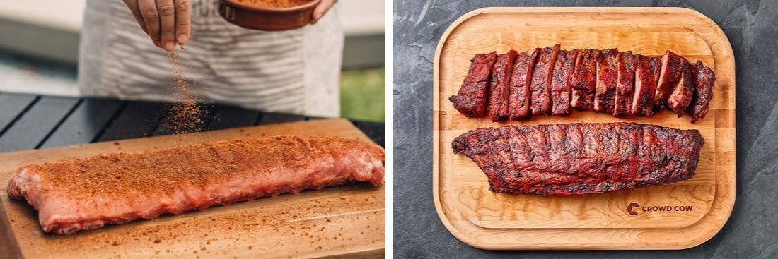 Two photos of crowd cow st louis ribs, one raw, the other cooked and sli.