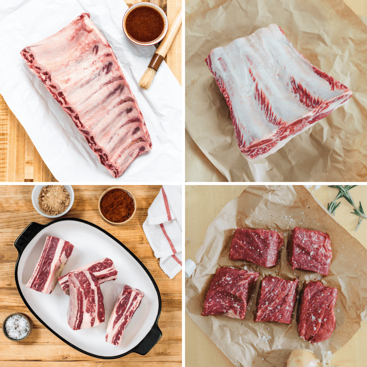 Four photo montage of 4 different types of beef ribs from Porter Road