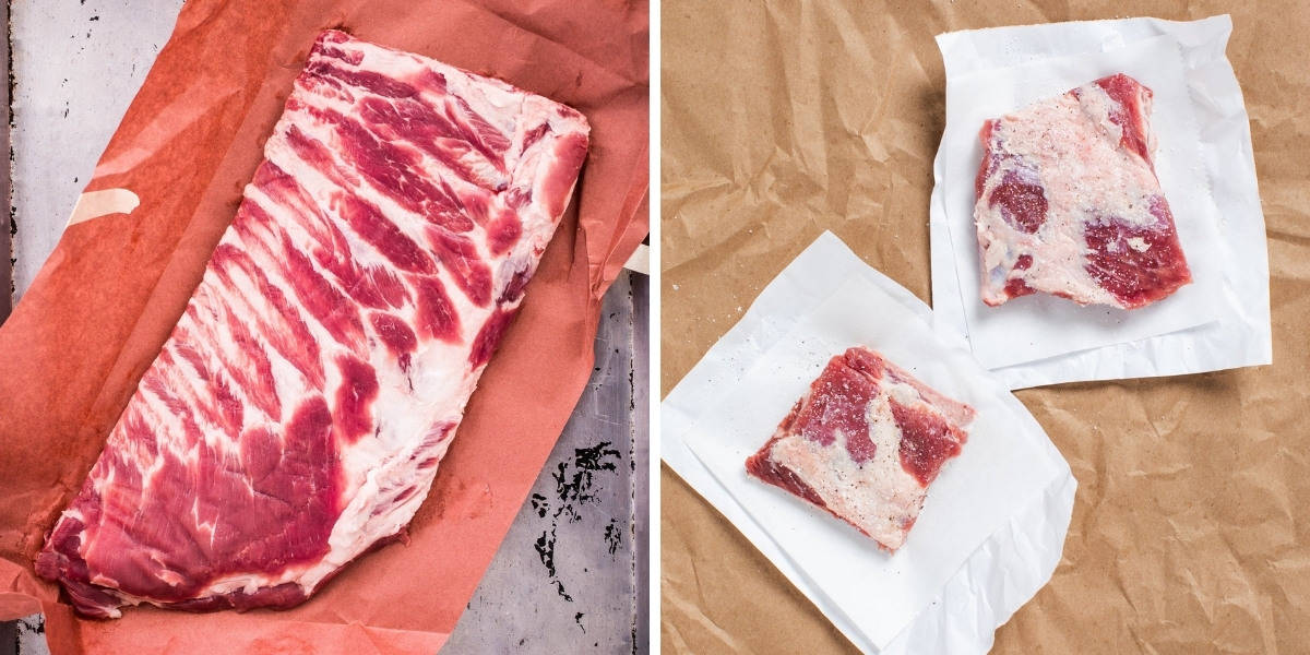 Photos of porter road spare ribs, and pork short ribs, side by side