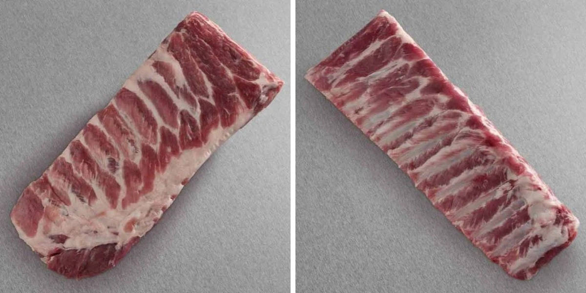 Two photos, one each of spare ribs and baby back ribs, from Snake River Farms, on a gray surface