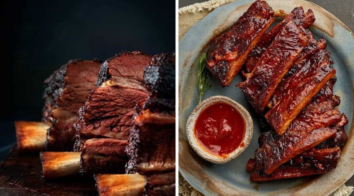 Smoked beef ribs and smoked pork ribs in two photos side by side.