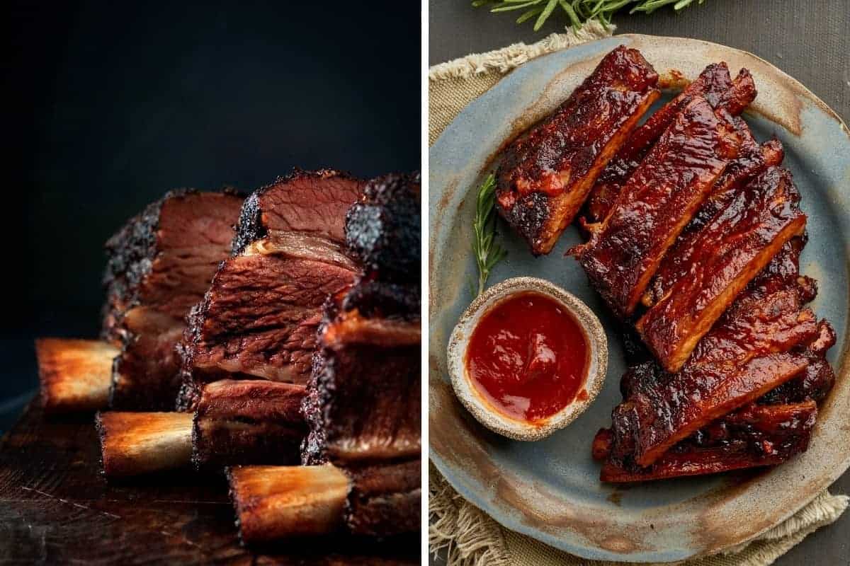 Smoked beef ribs and smoked pork ribs in two photos side by s.