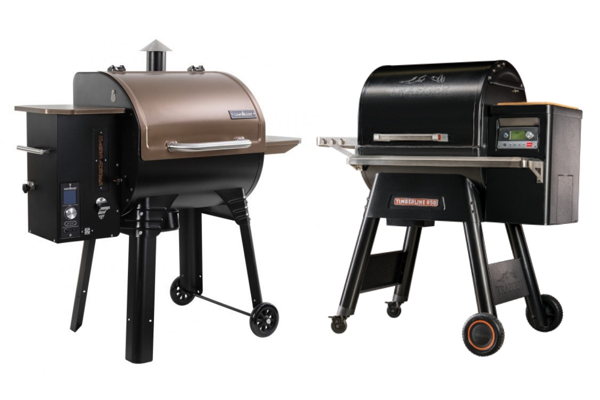 camp chef and Traeger pellet grills next to each other, isolated on wh.