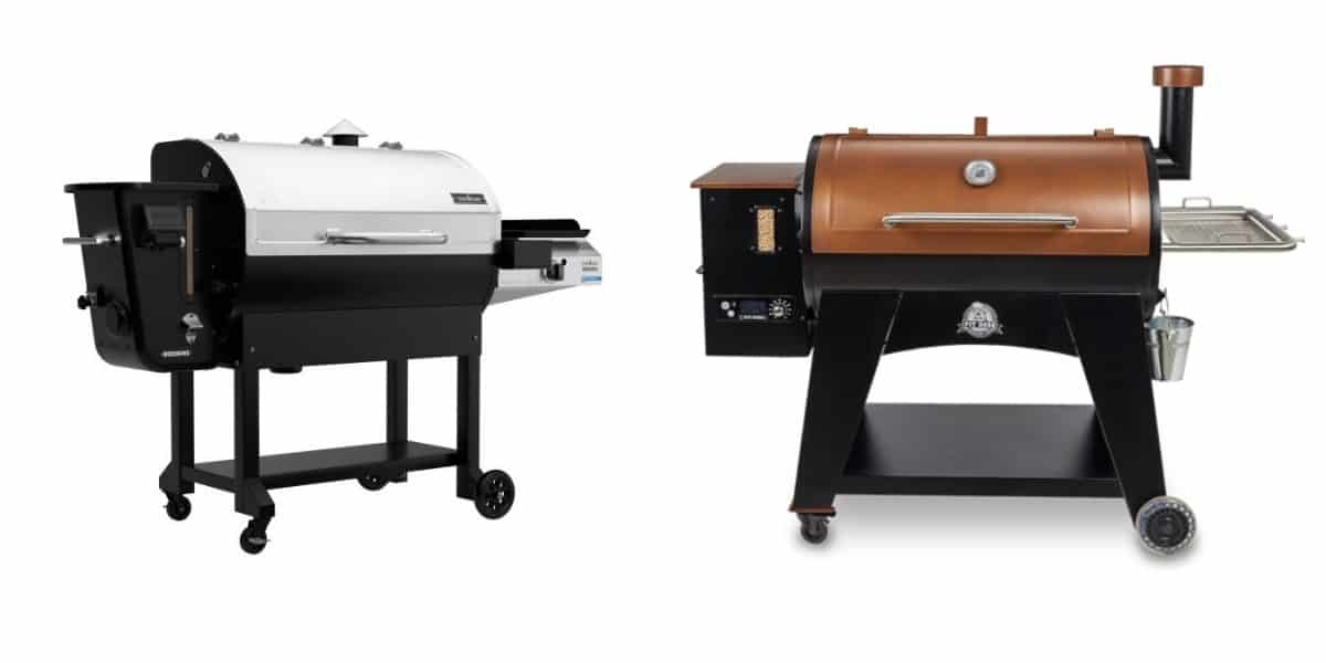 A camp chef pellet grill woodwind Wi-Fi 36 and a pit boss Austin XL pellet grill next to each other, isolated on wh.