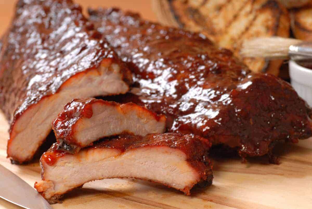 smoked and sliced BBQ pork ribs.