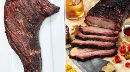 Photos of smoked or grilled tri-tip and brisket side by side.