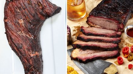Photos of smoked or grilled tri-tip and brisket side by side