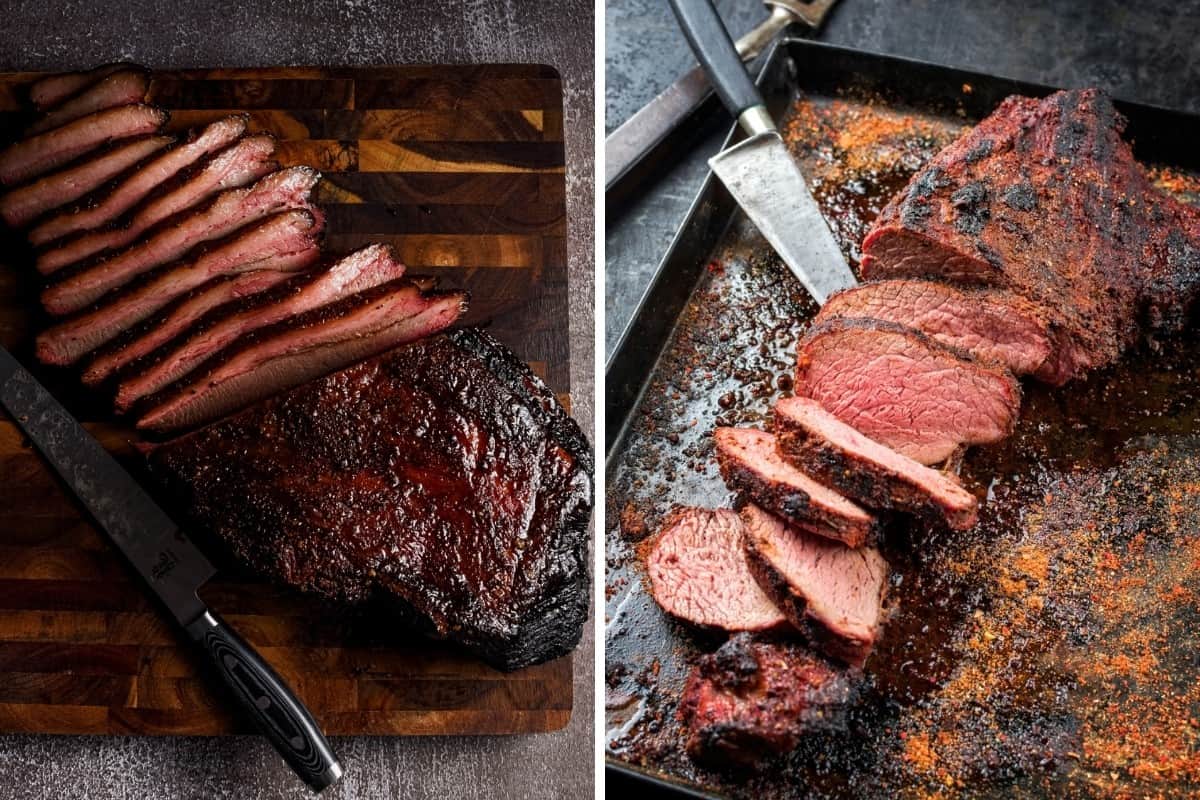 Side by side photos of smoked sliced brisket and sliced grilled tri-tip