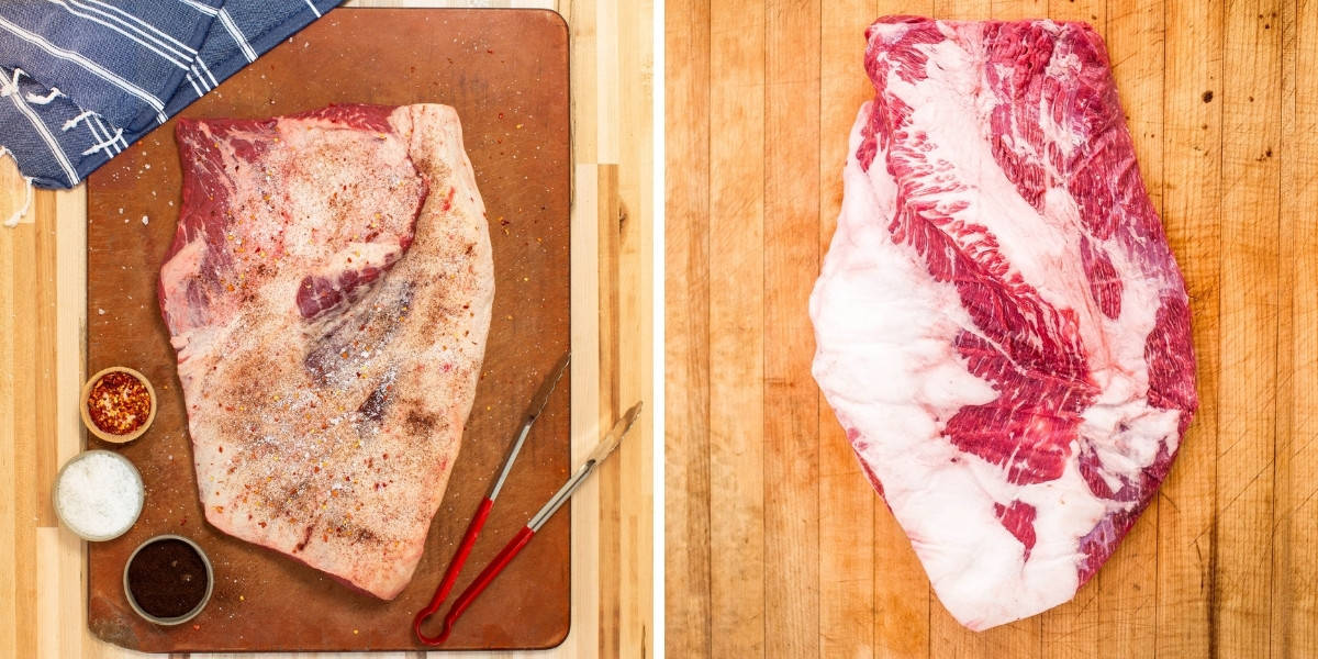 Two photos of raw briskets on cutting boards, from Porter Road