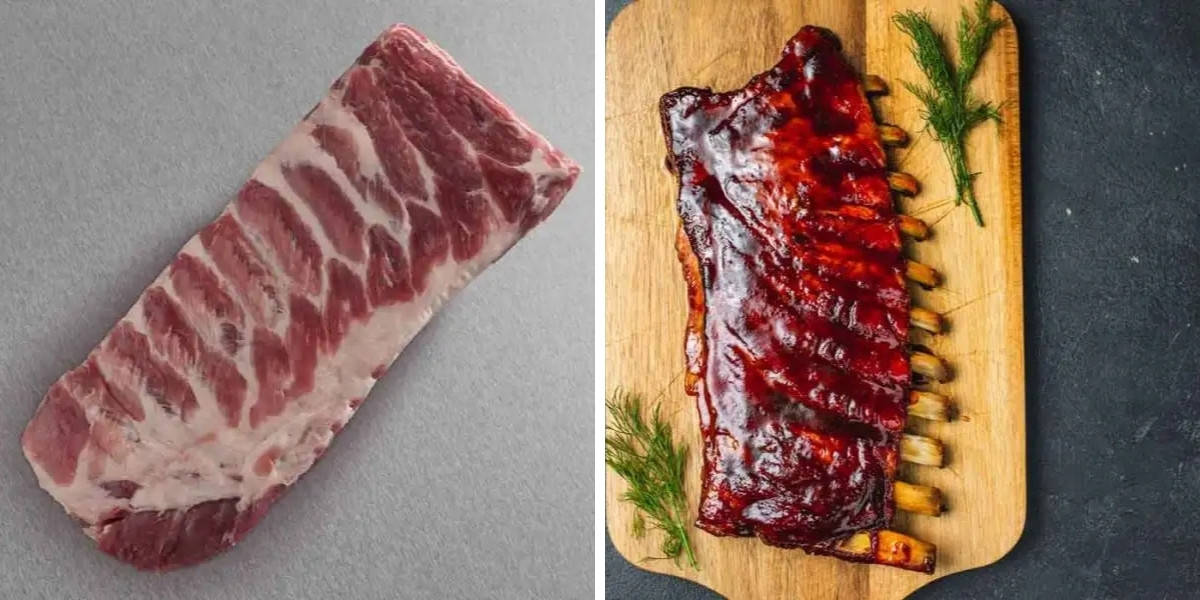 Two photos of spare ribs from Snake River Farms, one raw, the other smoked and sauced