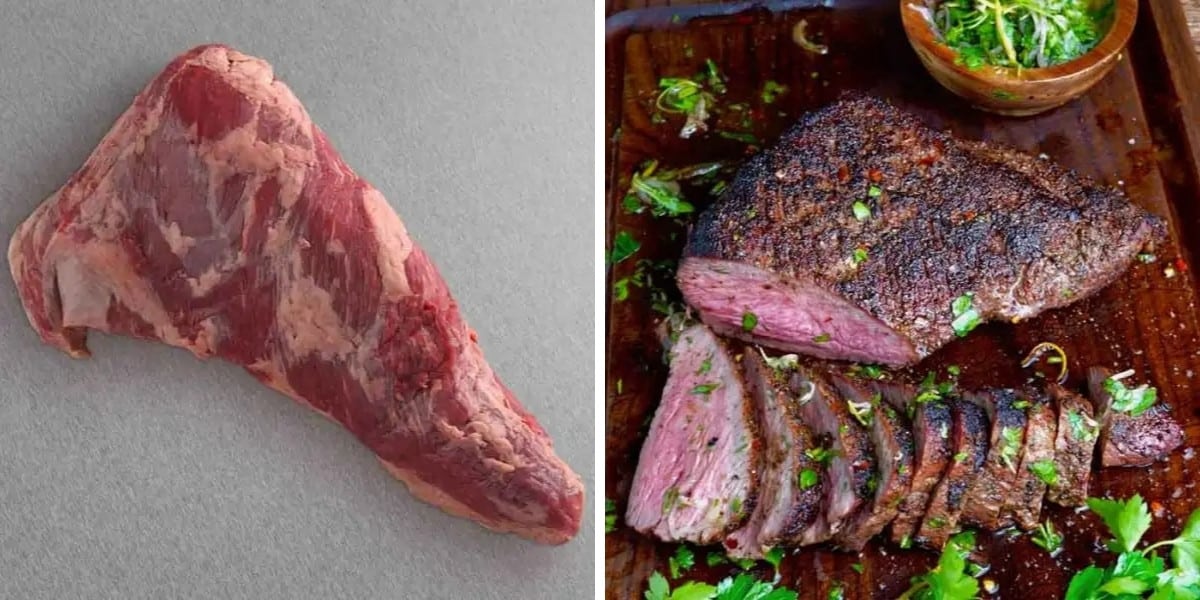 Two photos of Snake River Farms wagyu tri-tip, one raw, the other cooked medium-rare and sli.