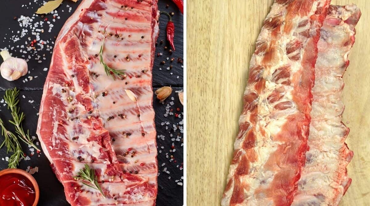 Two photos, one each of spare ribs and baby back ribs side by side.