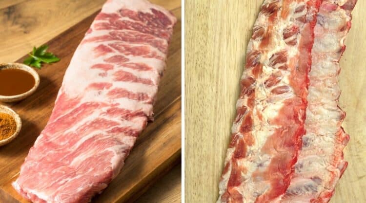 Racks of raw St Louis and baby back ribs in two photos side by side.