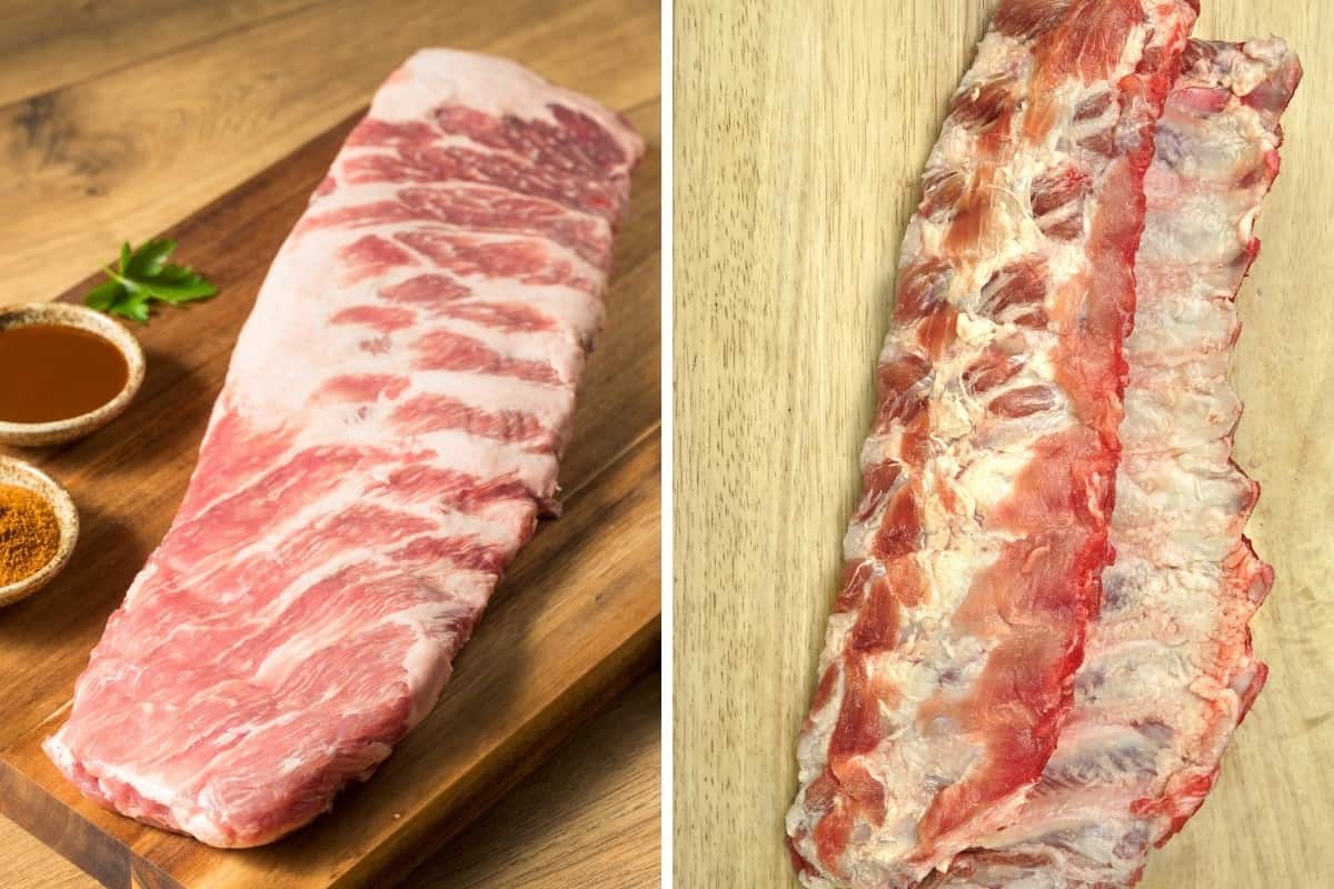 Racks of raw St Louis and baby back ribs in two photos side by side