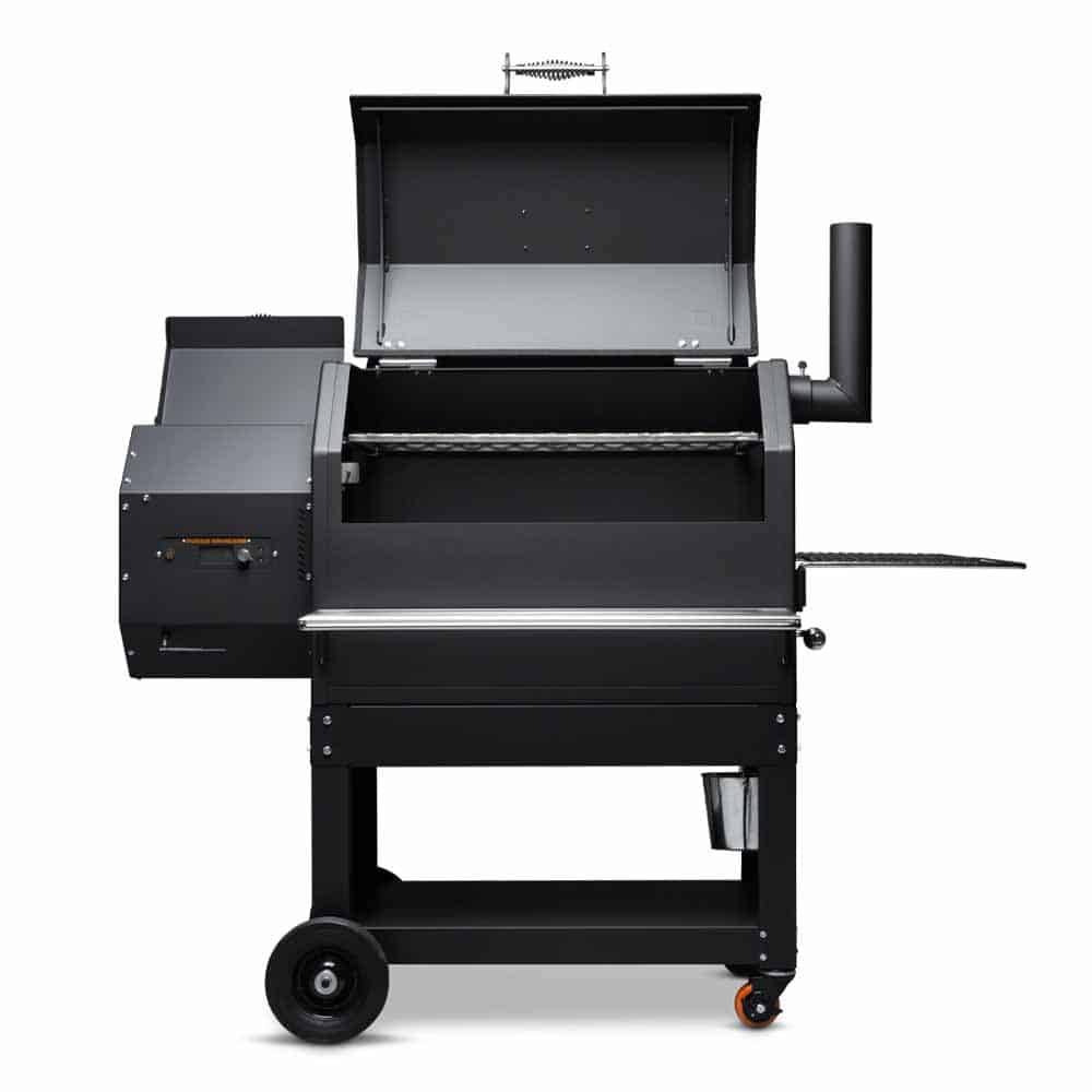 Yoder Smokers YS640s with lid open, isolated on white.