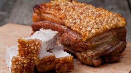 Pork belly slices with very good-looking, crispy crackled skin.