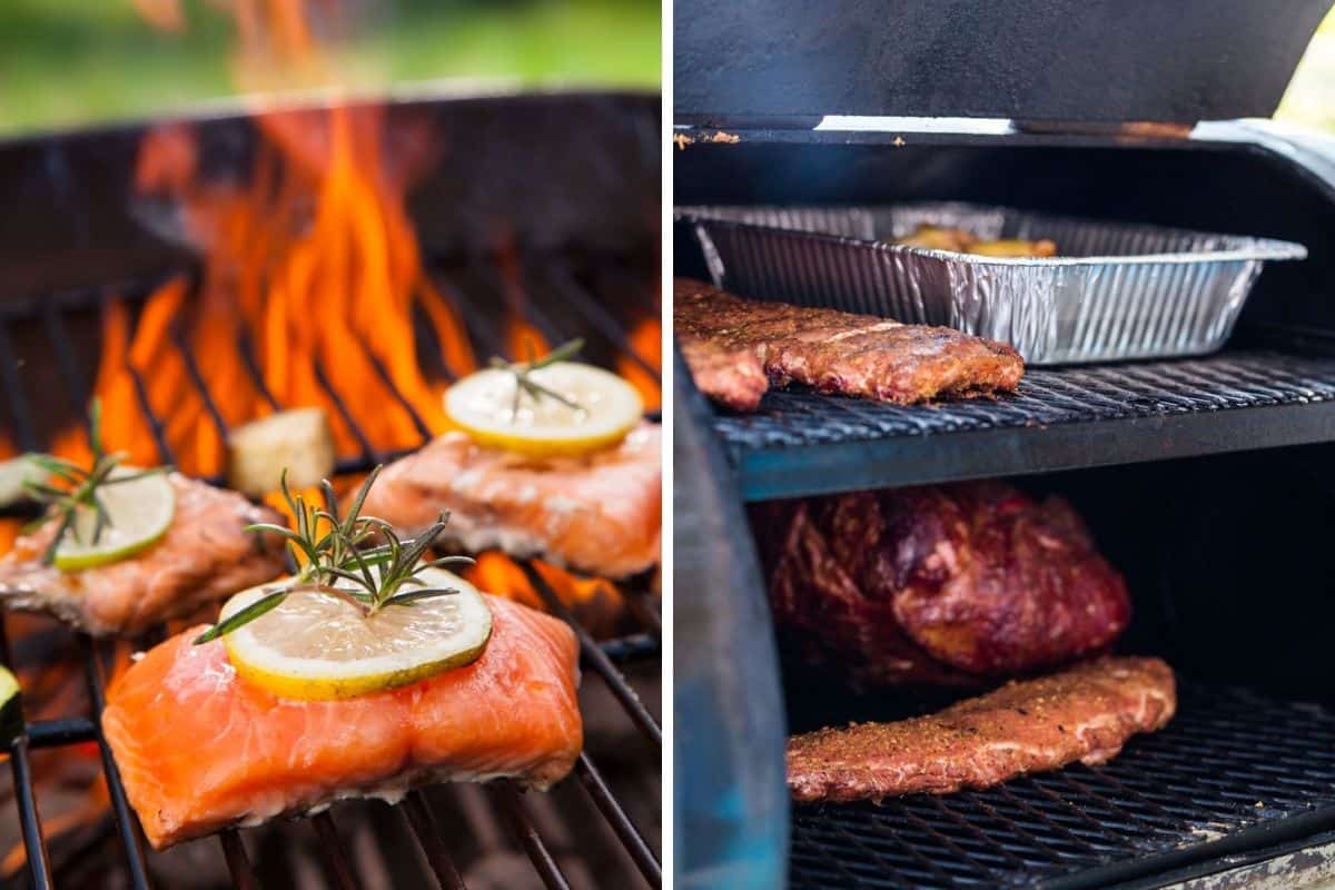 A grill and smoker, in two photos, side by side. One grilling salmon, other full of pork and r.