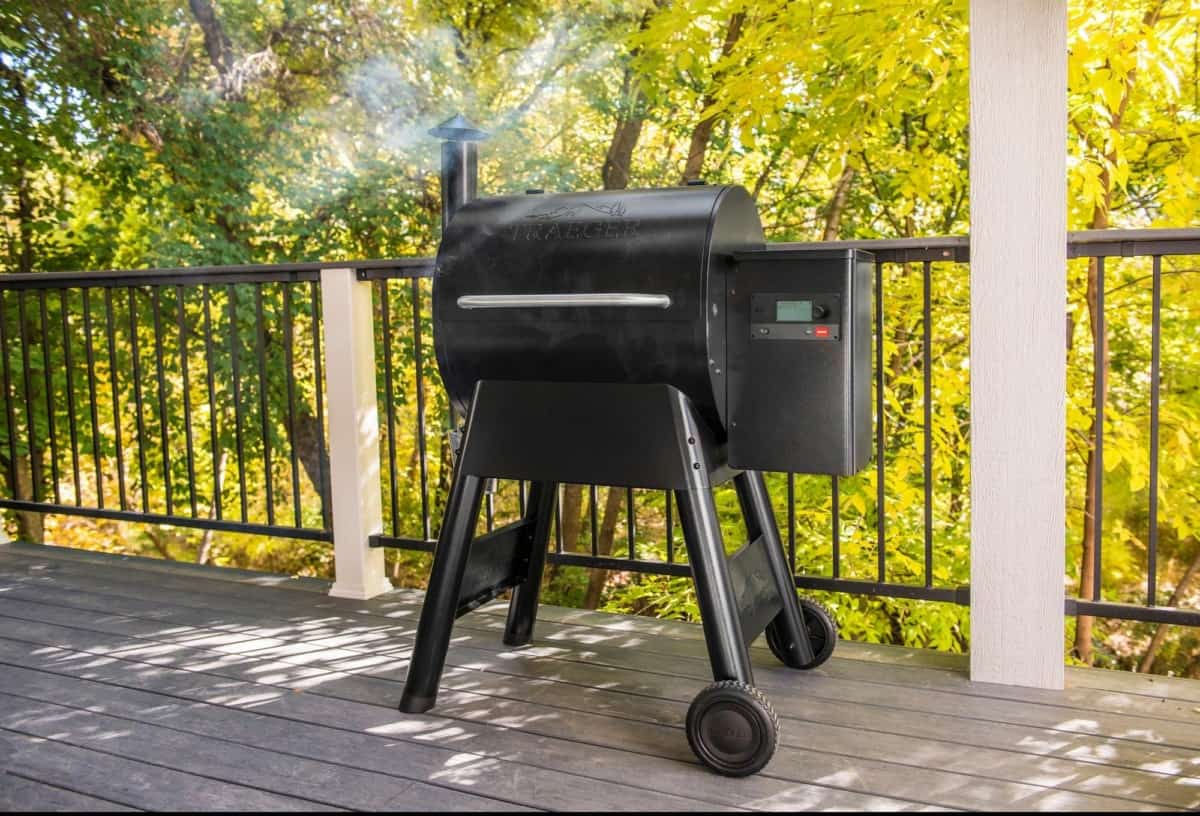 traeger pro 575 on wooden deck.