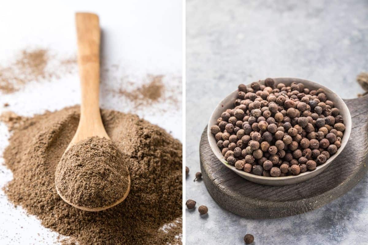 Ground black pepper on a wooden spoon, next to whole peppercorns in a b.