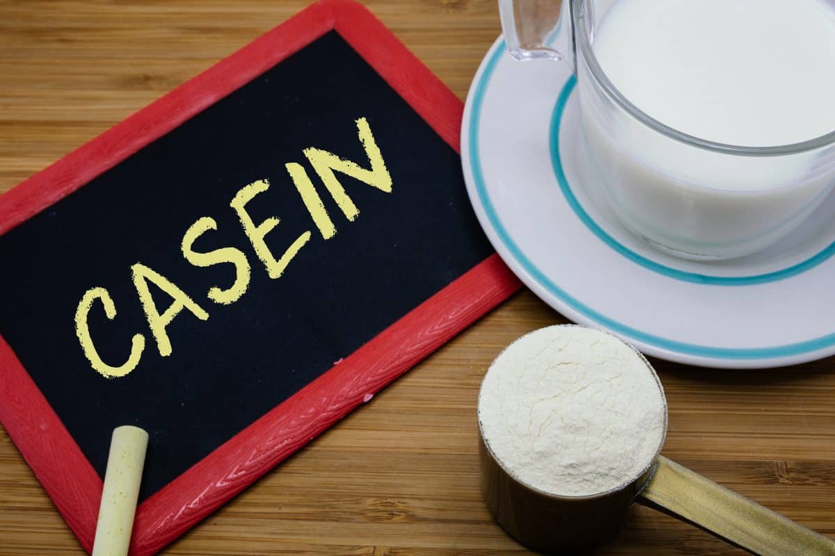 Casein written on a chalkboard, next to some milk and a measure of casein powder
