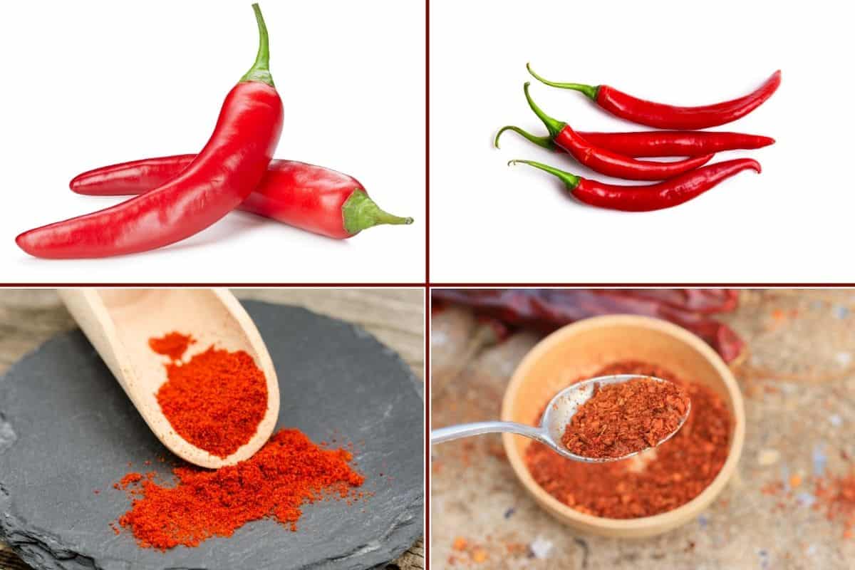 Four image collage: One each of whole and ground paprika and cayenne pepp.