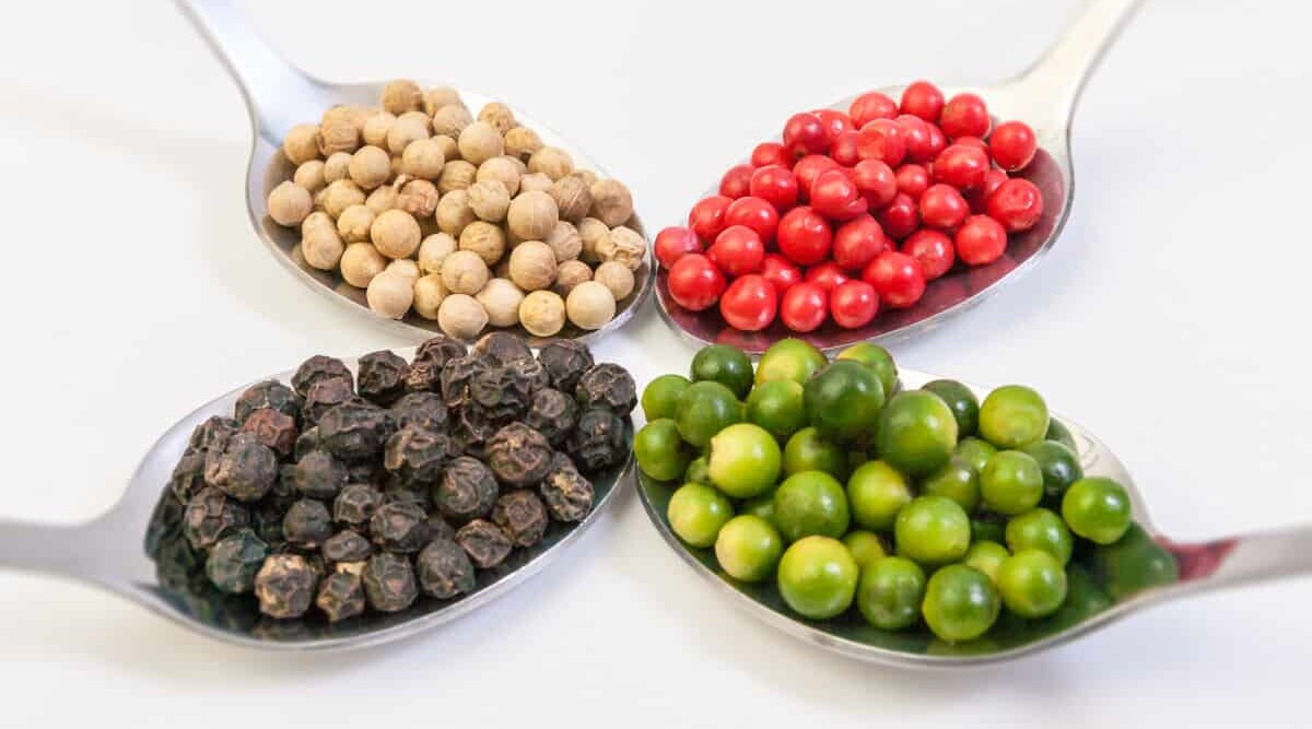 Four kinds of peppercorns on spoons, on a white surface.