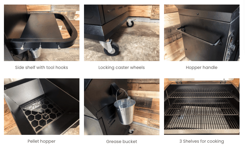 Montage of 6 photos showing specs of different parts of the zgrills 1000E.