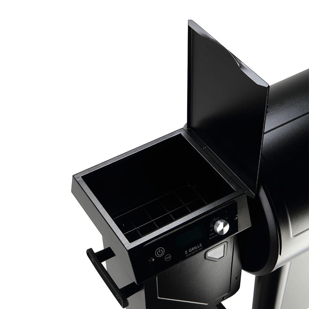 Close up of Z Grills 450 series hopper with lid open.