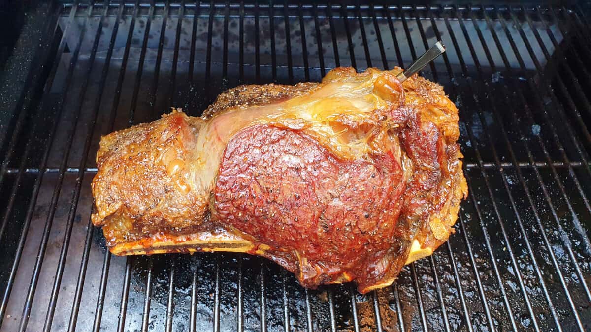 A smoked bone in sirloin on a pellet grill.