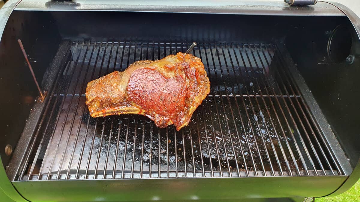 A smoked bone in sirloin on a pellet grill