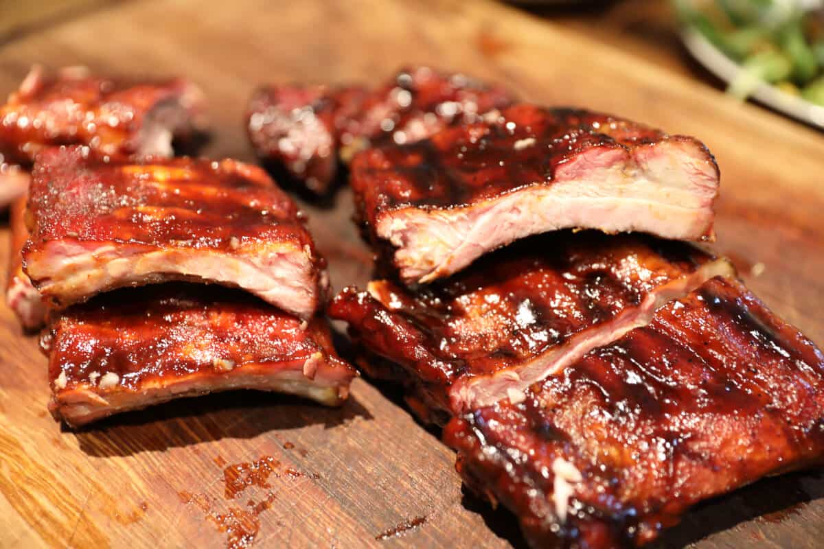 sliced, smoked baby back ribs.