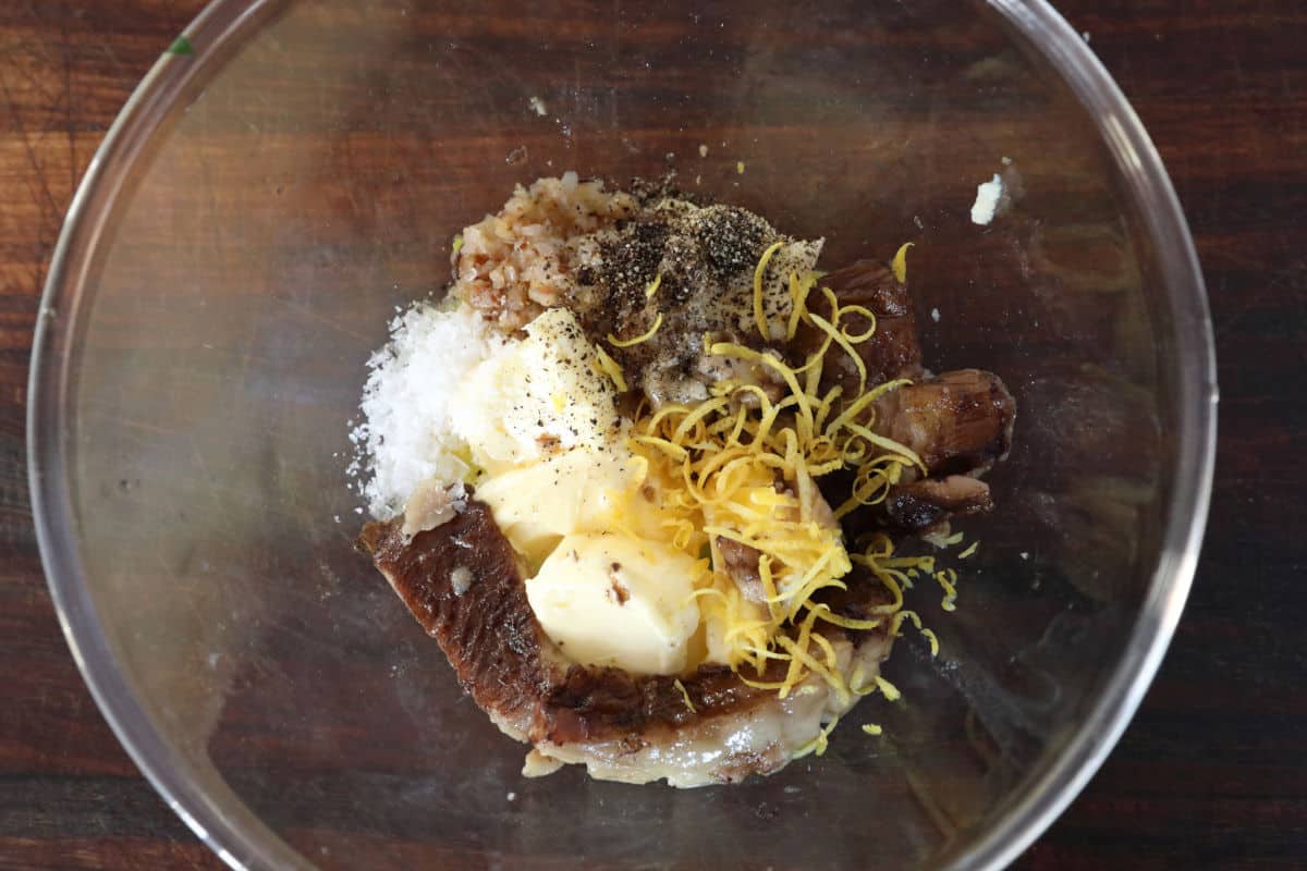 All the ingredients for bone marrow butter in a bowl before mix.