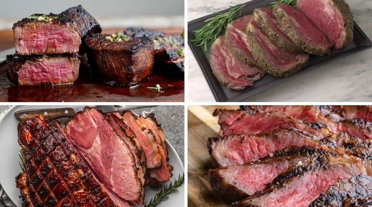 4 photos of cooked steak, beef and a ham from the snake river farms website.