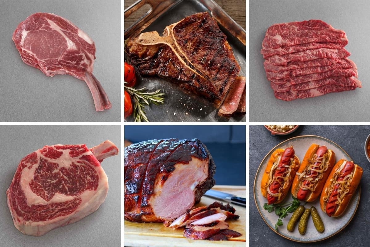 Photo montage of 6 meats, cooked and raw, from Snake River Fa.