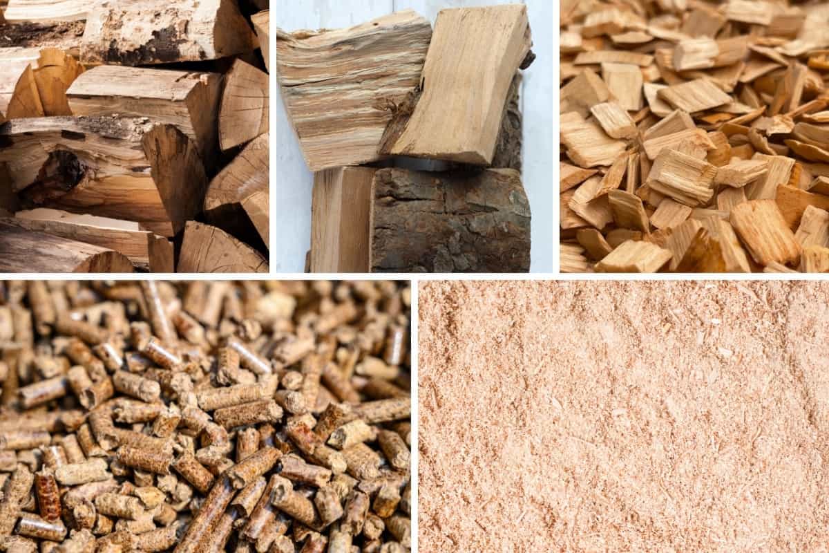 Five photo montage of wood logs, chunks, chips, pellets, and dust