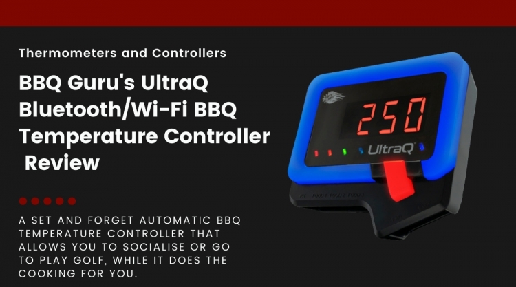 A BBQ Guru UltraQ temperature controller isolated on black, next to words describing that this article is a review of the product.
